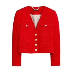 J. Crew Red Tweed Cropped Jacket with Gold Buttons